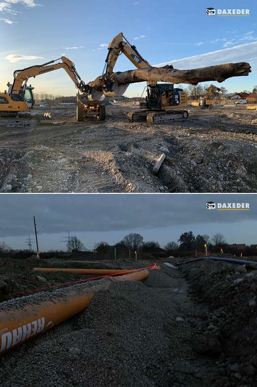 Baustelle, Sebastian Daxeder Bauunternehmung GmbH, Conradty, Conradty-Gelände, Kolbermoor, Landkreis Rosenheim, Tiefbau, Handwerk, Bagger, Baumaschinen, Technologie, Kanalbaulaser, Rohre